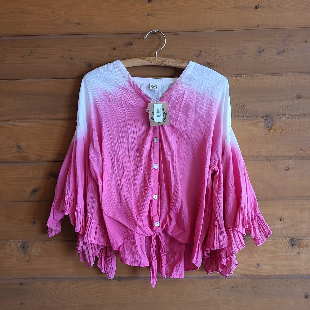 Ivy Jane Top Flutter Blouse NWT Ombre Pink Tie Front S/M Flowy Sleeve Button - Picture 2 of 5